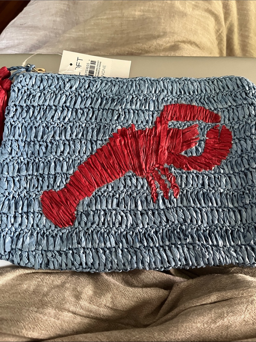 LOFT Blue Woven Clutch with Red Lobster Motif
